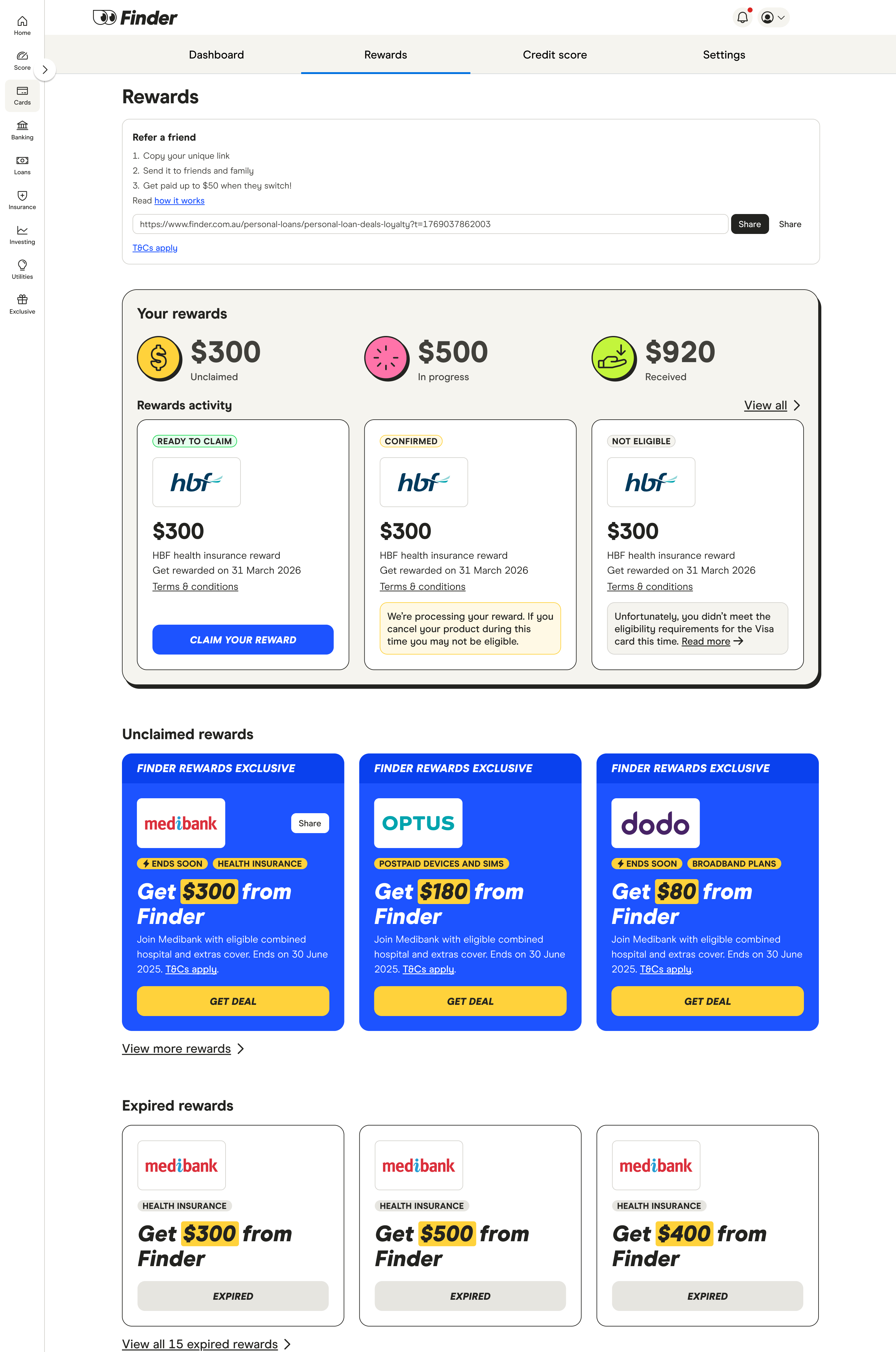 Original Finder Rewards interface - desktop