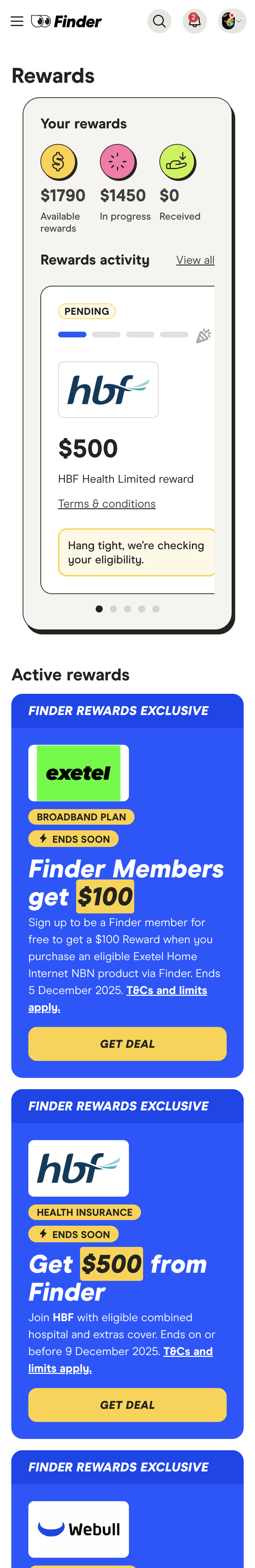 Original Finder Rewards interface - mobile