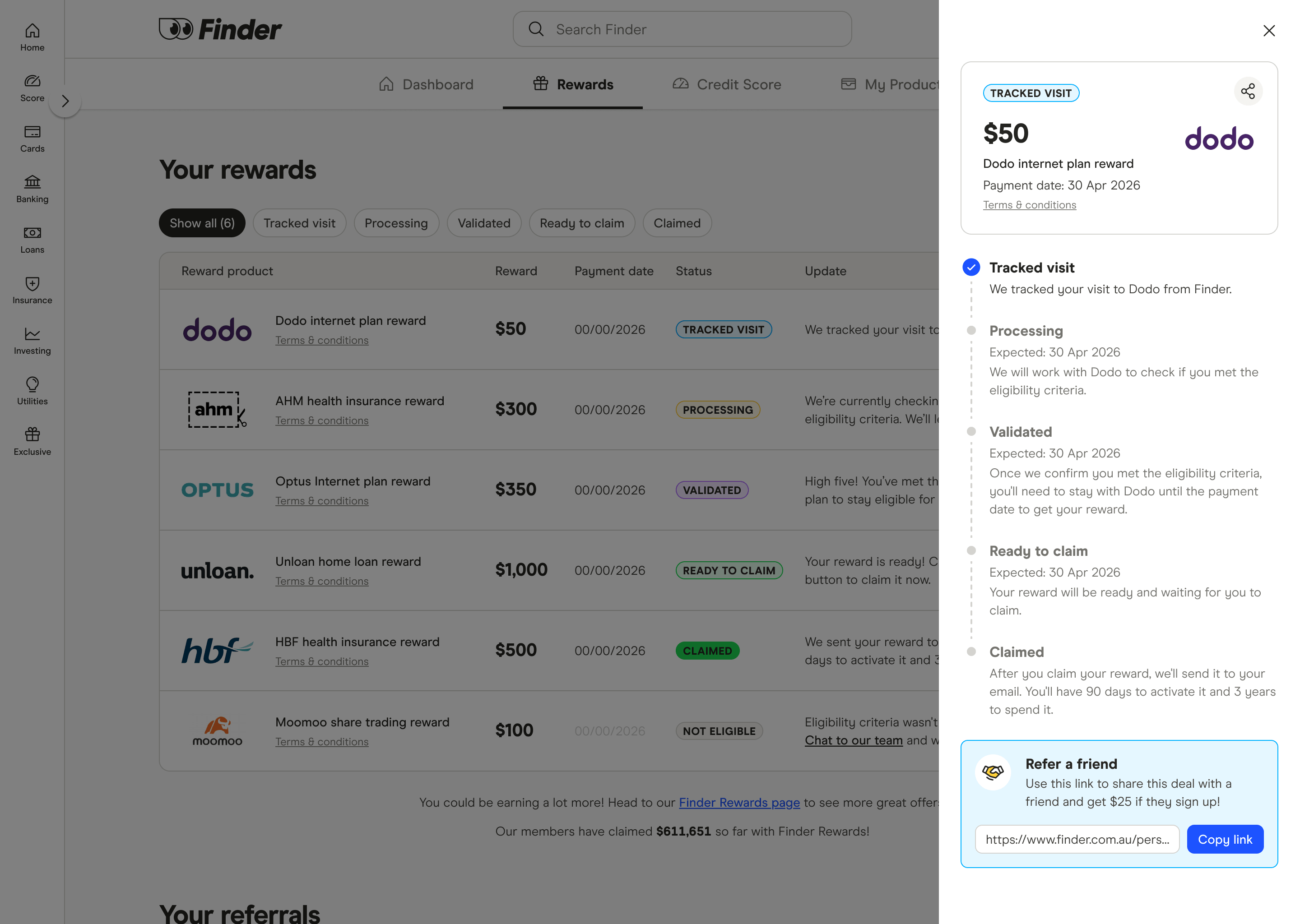 Rewards drawer and referrals section - desktop