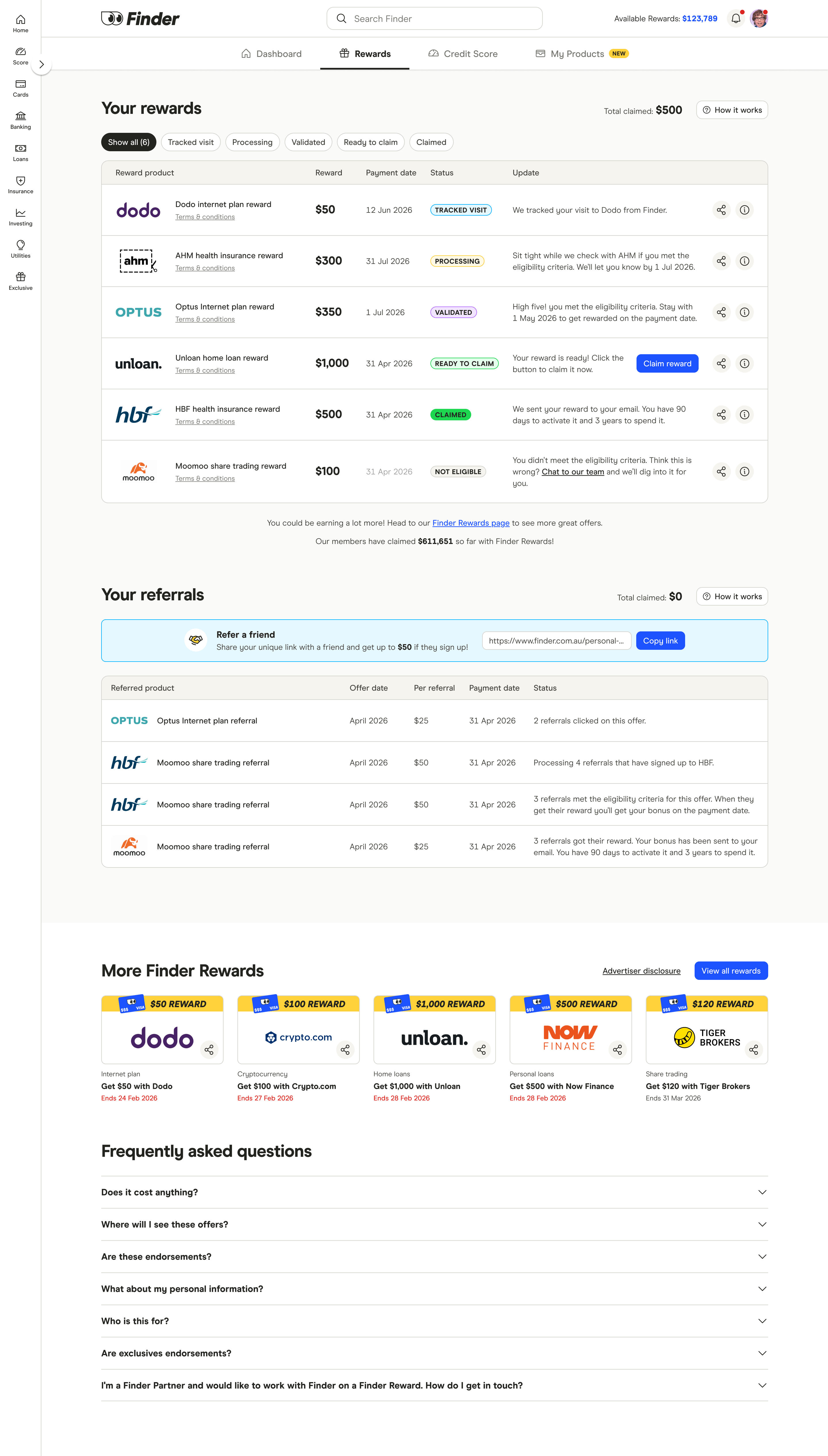Redesigned Finder Rewards interface - desktop