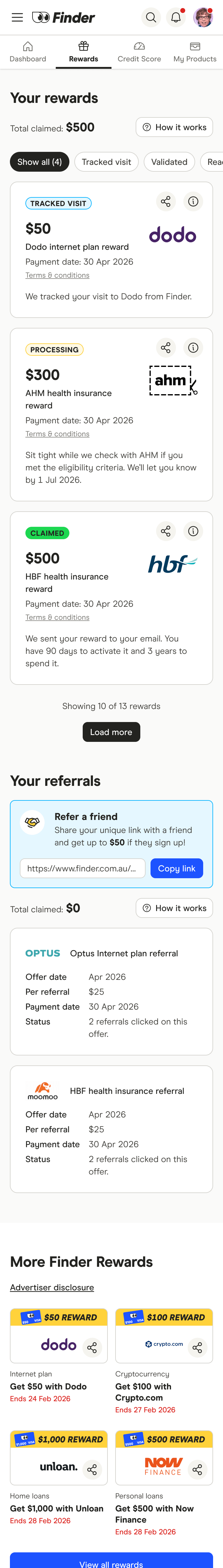 Redesigned Finder Rewards interface - mobile