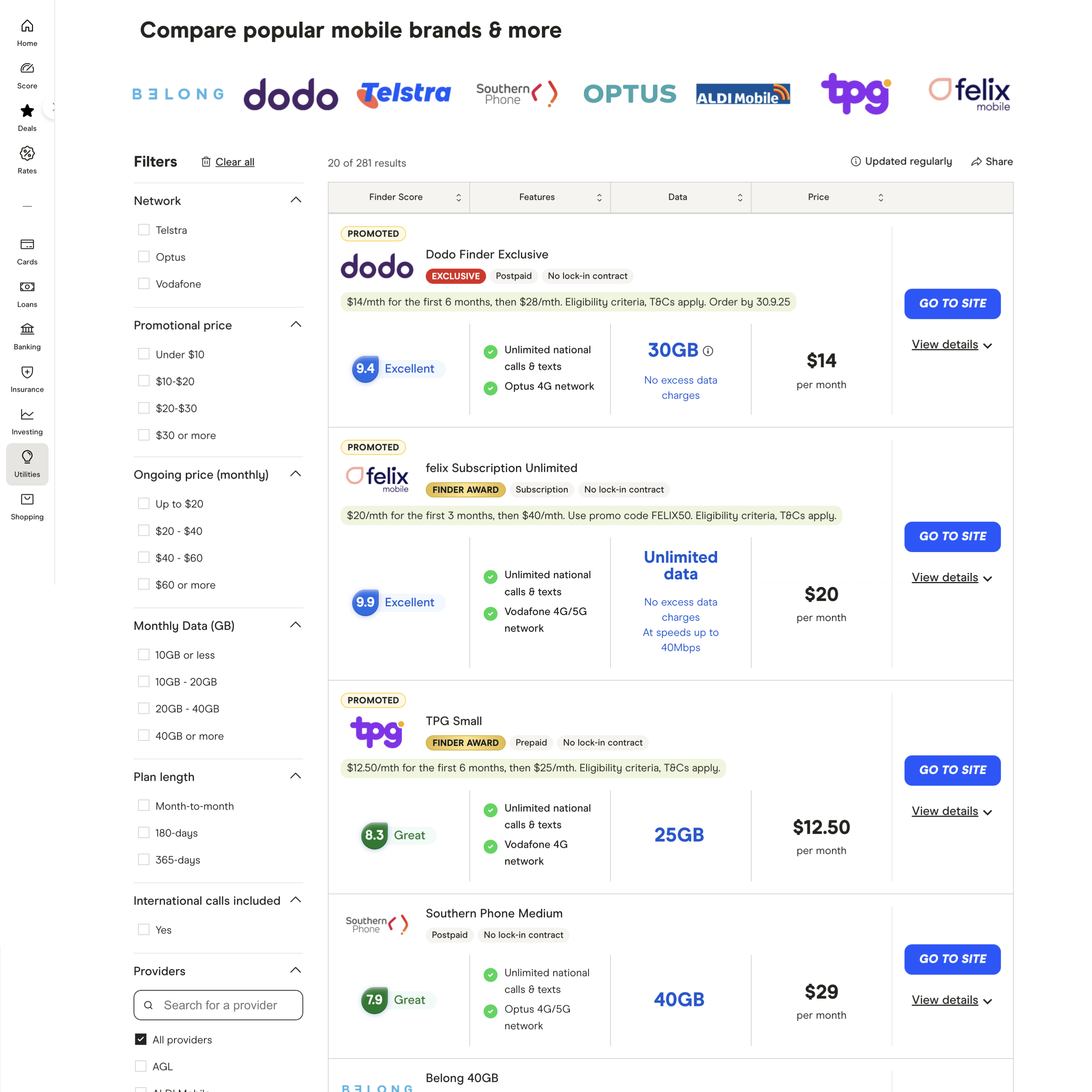 Current comparison table - desktop