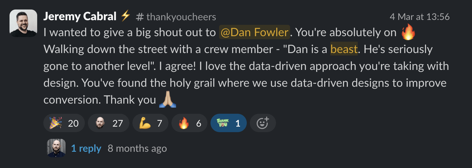 Slack message from Jeremy Cabral, Finder Co-Founder